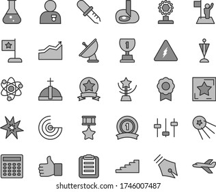 Thin line gray tint vector icon set - flask vector, electricity, atom, settings, pipette, clipboard, calculator, artifical insimination, radar, medal, satellite antenna, ink pen, bang, finger up