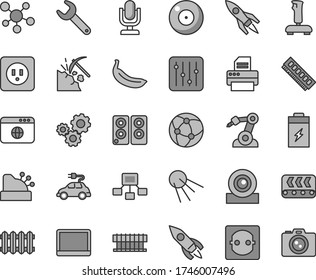 Thin line gray tint vector icon set - camera vector, desktop microphone, power socket type b, new radiator, regulator, artificial satellite, banana, charging battery, coal mining, conveyor, rocket