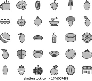 Thin line gray tint vector icon set - measuring bottle for feeding vector, bath ball, deep plate with a spoon, bundle of eggs, canned goods, mushroom, pie, milk, tomato, cup tea, popsicle, omelette