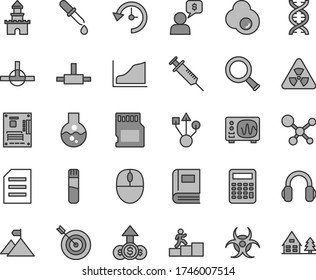 Thin line gray tint vector icon set - fried egg vector, mouse, motherboard, usb, headphones, connect, sd card, history, file, flask, test tube, molecule, nuclear, zoom, dna, book, biohazard, pipette