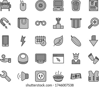 Thin line gray tint vector icon set - repair key vector, downward direction, zoom, baby bib, children's tracks, concrete mixer, power socket type b, lightning, smartphone, volume, bag with handles