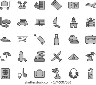 Thin line gray tint vector icon set - suitcase vector, passport, sand castle, plane, car baggage, camper, passenger, rolling, ticket, case, hotel, tent, beach, arnchair under umbrella, palm tree