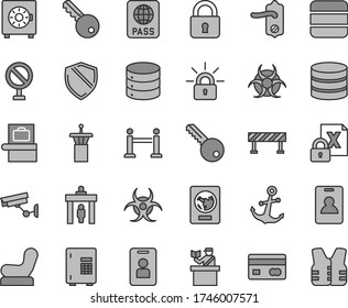 Thin line gray tint vector icon set - prohibition vector, Baby chair, key, door knob, road fence, lock, anchor, passport, big data, strongbox, reverse side of a bank card, encrypting, biohazard