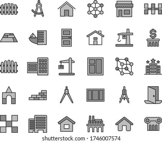Thin line gray tint vector icon set - house vector, box of bricks, dwelling, brick wall, window, frame, interroom door, buildings, city block, tile, ceramic tiles, fence, hedge, paving slab, home