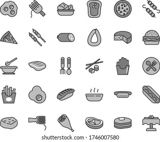 Thin line gray tint vector icon set - plates and spoons vector, iron fork, sausage, stick of, cheese, pizza, piece, Hot Dog, mini, burger, spaghetti, noodles, porridge, lettuce in a plate, bacon