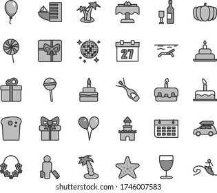 Thin line gray tint vector icon set - daily calendar vector, colored air balloons, balloon, cake, birthday, gift, Easter, torte, Chupa Chups, lollipop, glass, pumpkin, wall, giftbox, sand castle