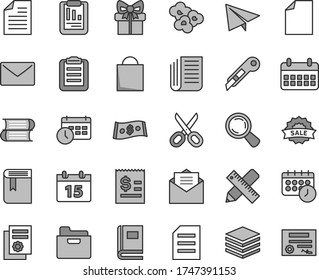 Thin line gray tint vector icon set - scissors vector, paper bag, airplane, clean sheet of, scribbled, book, books, writing accessories, stationery knife, calendar, envelope, received letter, pile