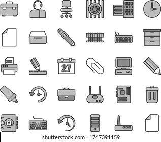 Thin line gray tint vector icon set - daily calendar vector, clip, graphite pencil, keyboard, clean sheet of paper, storage unit, suitcase, city block, drawing, wall clock, address book, drawer