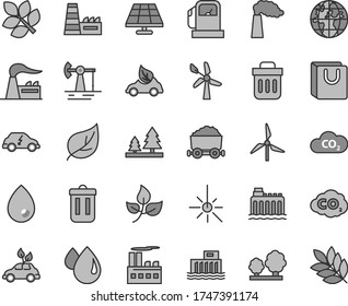 Thin line gray tint vector icon set - drop vector, bag with handles, solar panel, working oil derrick, leaves, leaf, gas station, windmill, wind energy, manufacture, factory, hydroelectric, trees