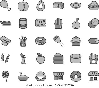 Thin line gray tint vector icon set - kiosk vector, sausage, stick of, piece cheese, canned goods, tin, fried vegetables on sticks, big burger, muffin, cake, slice, with a hole, glazed, plate milk