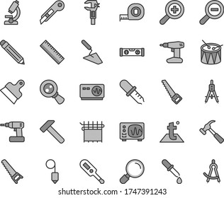 Thin line gray tint vector icon set - graphite pencil vector, yardstick, zoom, out, electronic thermometer e, drum, trowel, cordless drill, hand saw, arm, measuring tape, building level, plummet