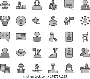 Thin line gray tint vector icon set - image of thought vector, women, hat, with glasses, a chair for feeding child, pass card, operator, coins, racer, builder, man, goal woman, think, scientist