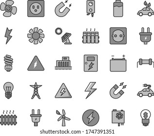 Thin line gray tint vector icon set - lightning vector, danger of electricity, saving light bulb, dangers, radiator, boiler, fan screw, charge level, big solar panel, wind energy, accumulator, plug