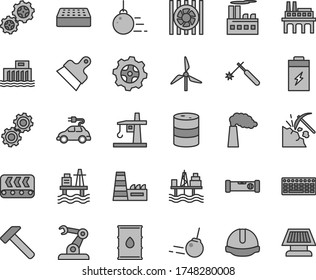 Thin line gray tint vector icon set - big core vector, construction level, helmet, brick, putty knife, hammer, sea port, commercial seaport, charging battery, coal mining, windmill, manufacture, oil