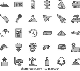 Thin line gray tint vector icon set - baby toy train vector, garden trolley, building, coastal lighthouse, rocket, history, globe, man hold world, mountain flag, paper plane, camper, bus, sail boat
