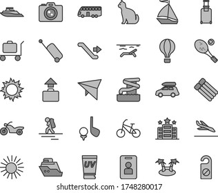 Thin line gray tint vector icon set - car baggage vector, bus, sail boat, air balloon, hang glider, bike, motorcycle, backpacker, escalator, rolling suitcase, case, arrival, beach, sun, uv cream