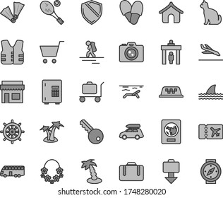 Thin line gray tint vector icon set - car baggage vector, bus, taxi, backpacker, security gate, suitcase, passport, plane ticket, getting, arrival, boungalow, beach, palm tree, hawaii wreath, camera