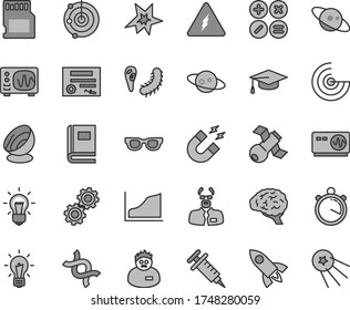 Thin line gray tint vector icon set - math actions vector, sd card, electricity, glasses, dna, bulb, brain, gears, satellite, bactery, book, oscilloscope, magnet, scientist, graduate hat, radar