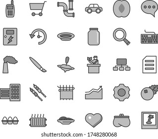 Thin line gray tint vector icon set - heart symbol vector, tassel, keyboard, motor vehicle, small yule, city block, dangers, speech, bundle of eggs, slices onion, plate, barbecue, blueberries, jar
