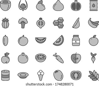 Thin line gray tint vector icon set - a plate of milk vector, garlic, carrot, cone, jar jam, honeycombs, peach, pomegranate, half, tasty apple, fig, medlar, slice water melon, date fruit, tangerine