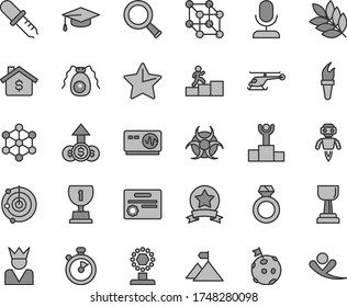Thin line gray tint vector icon set - star vector, zoom, bactery, biohazard, pipette, oscilloscope, graduate hat, radar, robot, biology, stopwatch, 3d cube, flame torch, winner podium, award, cup
