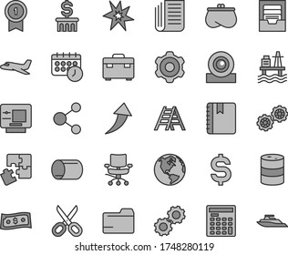 Thin line gray tint vector icon set - scissors vector, folder, archive, Puzzles, gears, cogwheel, ladder, suitcase, notebook, sea port, barrel, pipe, connection, denomination of the dollar, purse