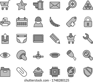 Thin line gray tint vector icon set - zoom vector, camera roll, add label, upload archive data, nappy, lock, star, eye, folder, put in cart, crossed, clip, porcini, muffin, plate, chicken thigh, cpu