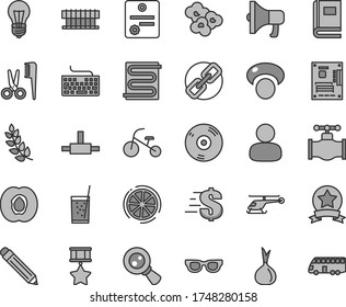 Thin line gray tint vector icon set - graphite pencil vector, keyboard, spectacles, dollar, accessories for a hairstyle, tricycle, heating coil, megaphone, popcorn, glass of soda, half apricot, bulb
