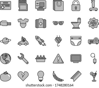 Thin line gray tint vector icon set - warning vector, bookmark, nappy, t short, medical bag, hook, comfortable toilet, bulb, plummet, lock, broken heart, with handles, planet, tomato, peas, gear
