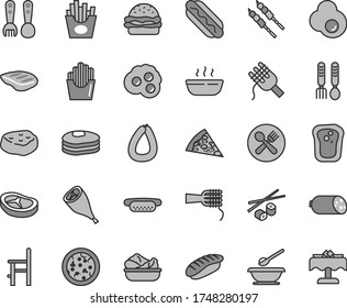 Thin line gray tint vector icon set - plates and spoons vector, a chair for feeding, plastic fork, iron, sausage, stick of, pizza, piece, Hot Dog, mini, burger, spaghetti, noodles, porridge, bacon