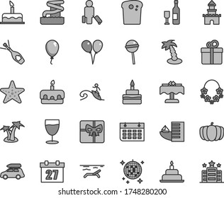 Thin line gray tint vector icon set - daily calendar vector, colored air balloons, balloon, cake, birthday, gift, Easter, torte, Chupa Chups, glass, pumpkin, wall, giftbox, sand castle, wine, hotel