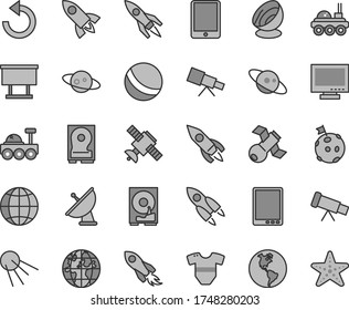 Thin line gray tint vector icon set - monitor vector, counterclockwise, t short, bath ball, earth, artificial satellite, planet, billboard, rocket, space, tablet pc, hdd, telescope, antenna, saturn