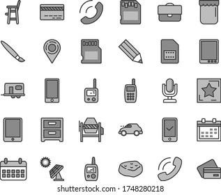 Thin line gray tint vector icon set - tassel vector, desktop microphone, calendar, bank card, toy phone, mobile, a chair for feeding child, concrete mixer, smartphone, nightstand, call, jam, SIM, sd