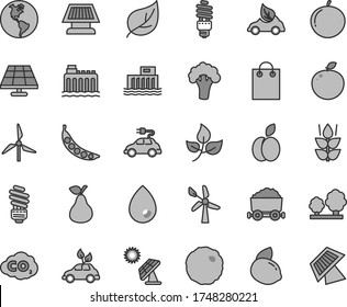 Thin line gray tint vector icon set - saving light bulb vector, drop, cabbage, apple, pear, mint, tangerine, yellow lemon, delicious, peas, broccoli, solar panel, big, leaves, leaf, windmill, trees