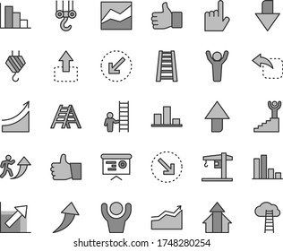 Thin line gray tint vector icon set - upward direction vector, downward, line chart, growth, positive histogram, crane, hook, winch, stepladder, ladder, left bottom arrow, index finger, thumb up