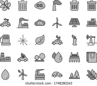 Thin line gray tint vector icon set - bin vector, dust, drop, bag with handles, apple stub, solar panel, working oil derrick, leaf, gas station, windmill, wind energy, manufacture, factory, trees