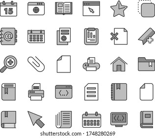 Thin line gray tint vector icon set - add bookmark vector, clean sheet of paper, zoom, folder, book, e, home, calendar, star, notebook, address, delete page, clip, copy, statistical report, wall