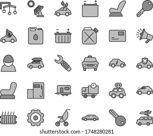 Thin line gray tint vector icon set - truck lorry vector, toys over the cot, Baby chair, car child seat, summer stroller, motor vehicle present, key, pass card, delivery, big solar panel, battery