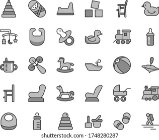 Thin line gray tint vector icon set - toys over the cradle vector, dummy, mug for feeding, bottle, measuring, bib, baby, rattle, chair, car child seat, carriage, rubber duck, duckling, bath ball, a