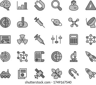 Thin line gray tint vector icon set - magnet vector, horseshoe, satellite dish, rocket, research article, scientific publication, microscope, molecule, electricity, nuclear, zoom, brain, settings