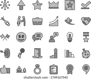 Thin line gray tint vector icon set - upward direction vector, positive histogram, star, thumb up, survey, portfolio, hand shake, growth graph, man hold world, flag on moon, purpose, hero, exit door