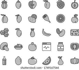 Thin line gray tint vector icon set - measuring bottle for feeding vector, cardiogram, piece of cheese, porcini, a plate fruit, grill chicken leg, tomato, jar jam, strawberries, pear, orange slice