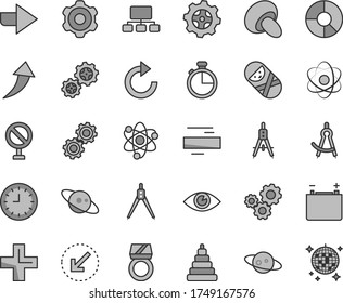 Thin line gray tint vector icon set - prohibition vector, right direction, plus, minus, clockwise, stacking toy, tumbler, cogwheel, left bottom arrow, eye, timer, porcini, accumulator, gear, gears