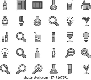 Thin line gray tint vector icon set - incandescent lamp vector, magnifier, zoom, out, measuring cup for feeding, e, window, frame, bulb, a glass of soda, cocktail, bottle, liquor, flask, magnifying
