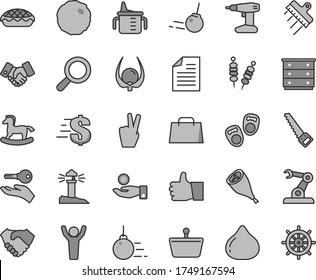 Thin line gray tint vector icon set - scribbled paper vector, magnifier, dollar, chest of drawers, measuring cup for feeding, small rocking horse, shoes little children, big core, drill, arm saw