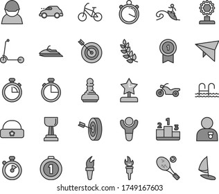 Thin line gray tint vector icon set - stopwatch vector, child Kick scooter, warm hat, timer, pedestal, racer, retro car, flame torch, winner, laurel branch, cup, gold, pawn, star reward, target