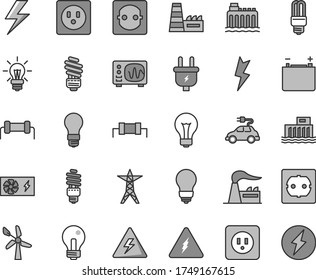 Thin line gray tint vector icon set - lightning vector, danger of electricity, matte light bulb, incandescent lamp, saving, power socket type b, f, wind energy, factory, accumulator, line, plug