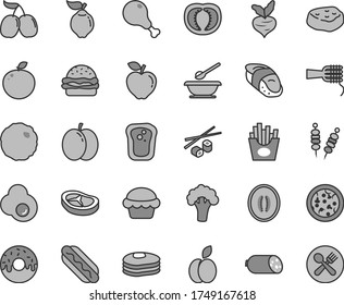 Thin line gray tint vector icon set - plates and spoons vector, sausage, fried vegetables on sticks, pizza, Hot Dog, burger, noodles, cake, glazed with a hole, chicken leg, bacon, cabbage, sushi