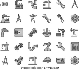 Thin line gray tint vector icon set - repair key vector, crane, tower, gears, cogwheel, adjustable wrench, sewerage, helmet, working oil derrick, water pipes, manufacture, factory, power pole