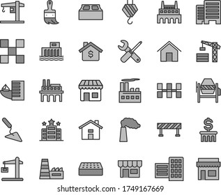 Thin line gray tint vector icon set - house vector, crane, tower, hook, building trowel, concrete mixer, small tools, wooden paint brush, buildings, city block, tile, ceramic tiles, brick, home